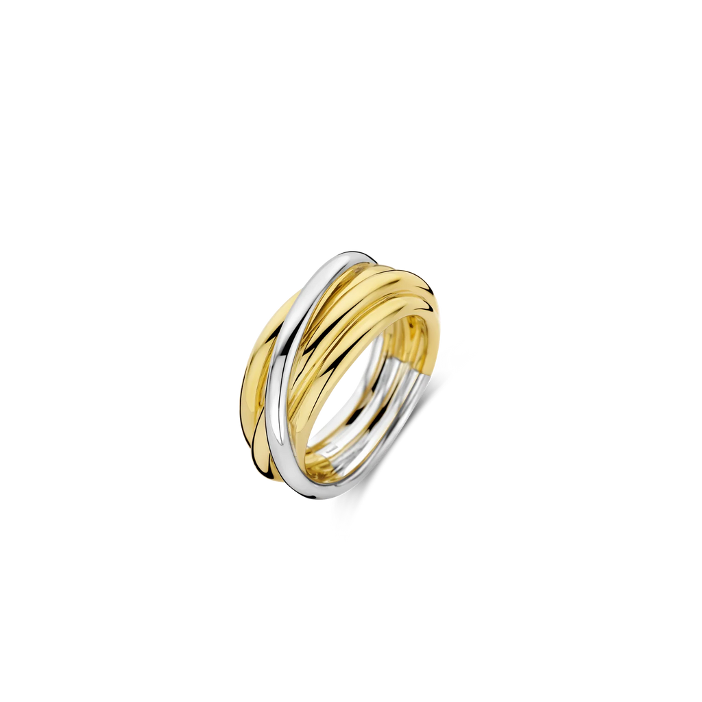 Anillo bicolor de plata dorada con acabado en oro amarillo