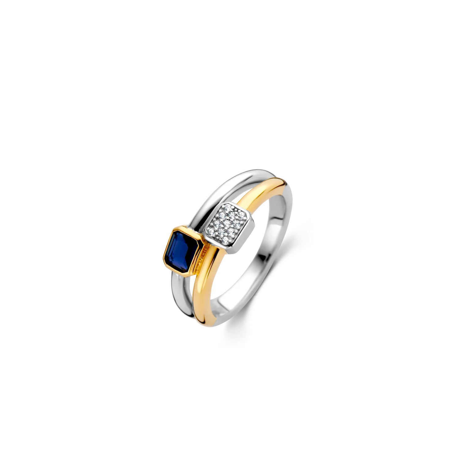 Anillo de plata bañada en oro amarillo con piedra azul