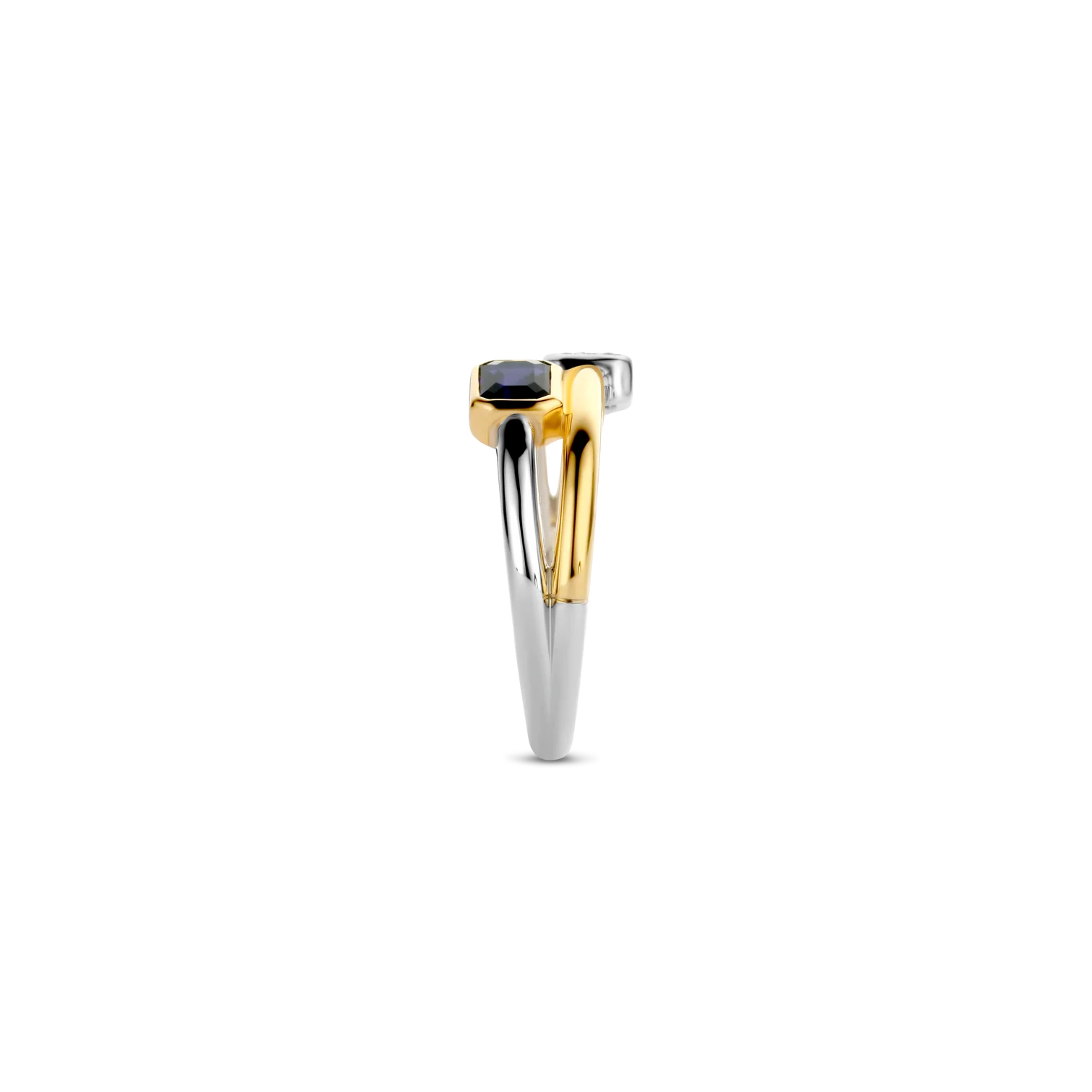 Anillo de plata bañada en oro amarillo con piedra azul