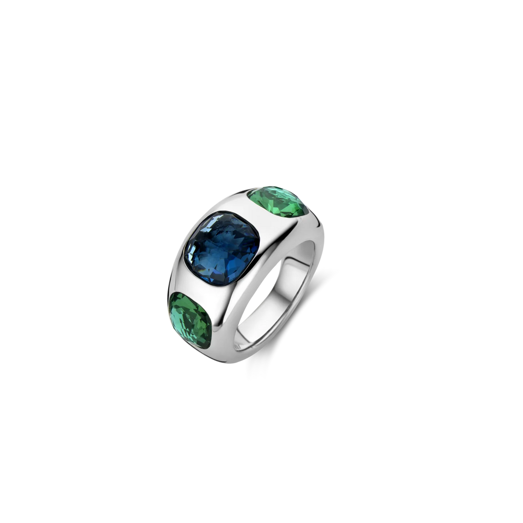Anillo de plata con acabado platinado y piedras azul y verde