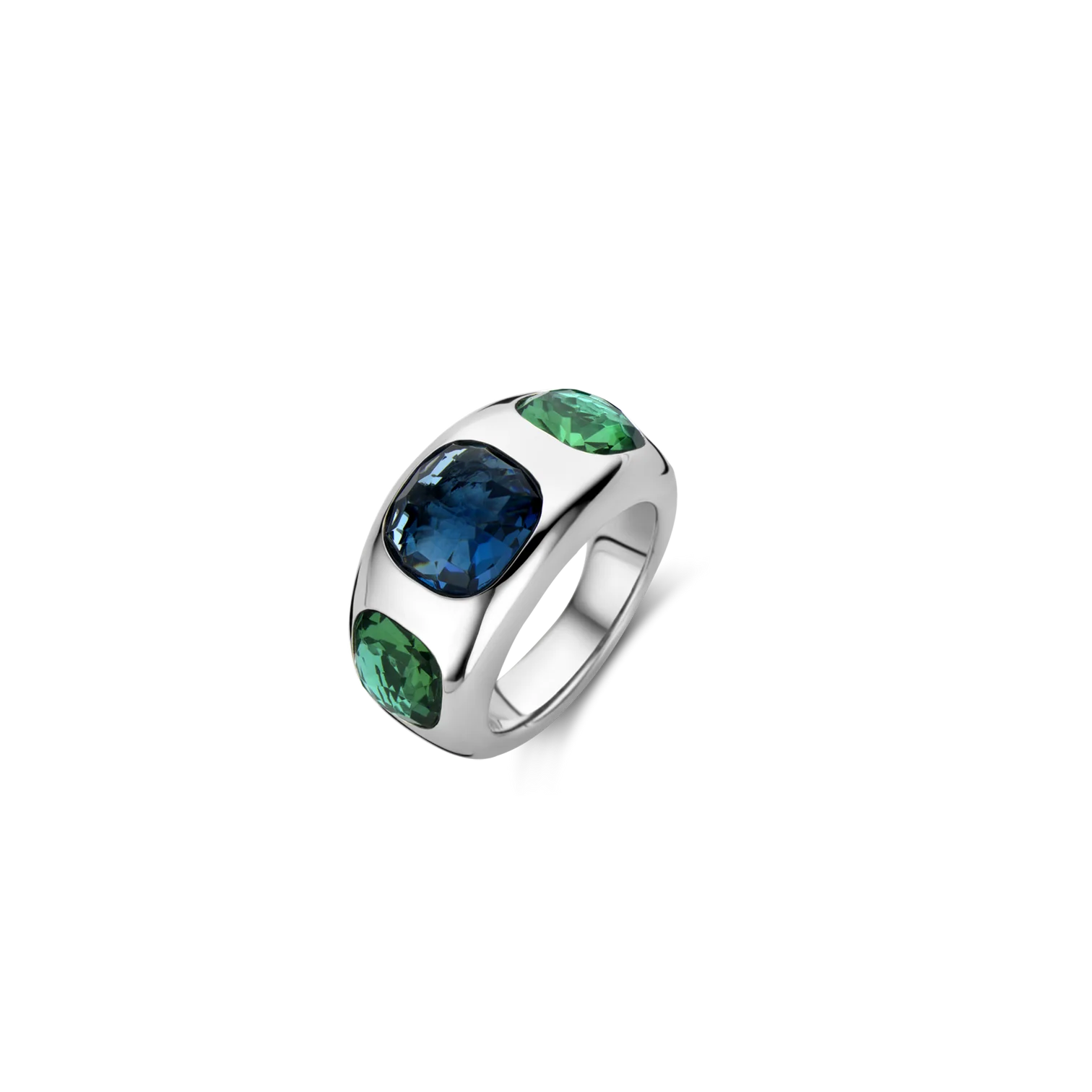 Anillo de plata con acabado platinado y piedras azul y verde