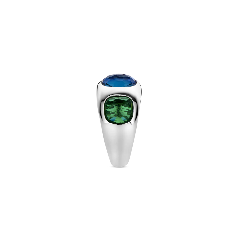 Anillo de plata con acabado platinado y piedras azul y verde