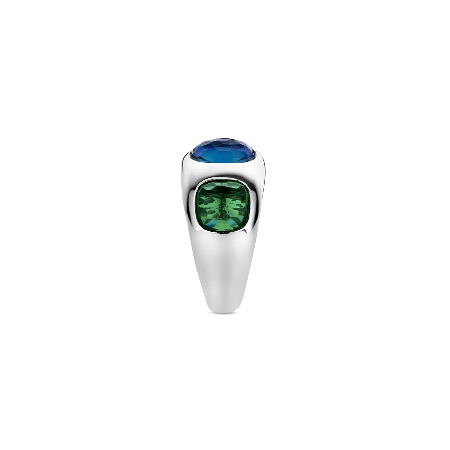 Anillo de plata con acabado platinado y piedras azul y verde