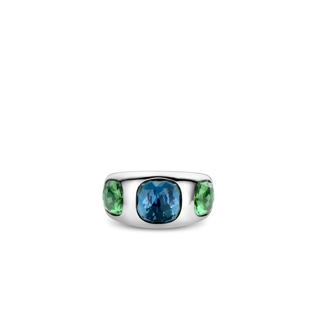 Anillo de plata con acabado platinado y piedras azul y verde