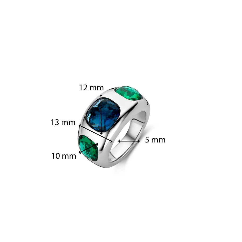 Anillo de plata con acabado platinado y piedras azul y verde