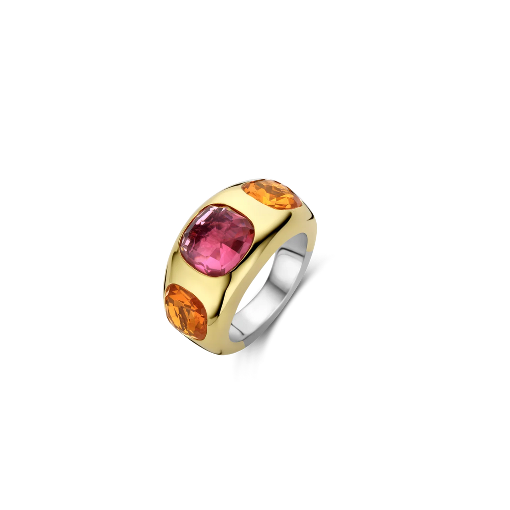 Anillo de plata bañada en oro amarillo con piedras naranja y rosa
