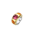 Anillo de plata bañada en oro amarillo con piedras naranja y rosa