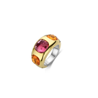 Anillo de plata bañada en oro amarillo con piedras naranja y rosa