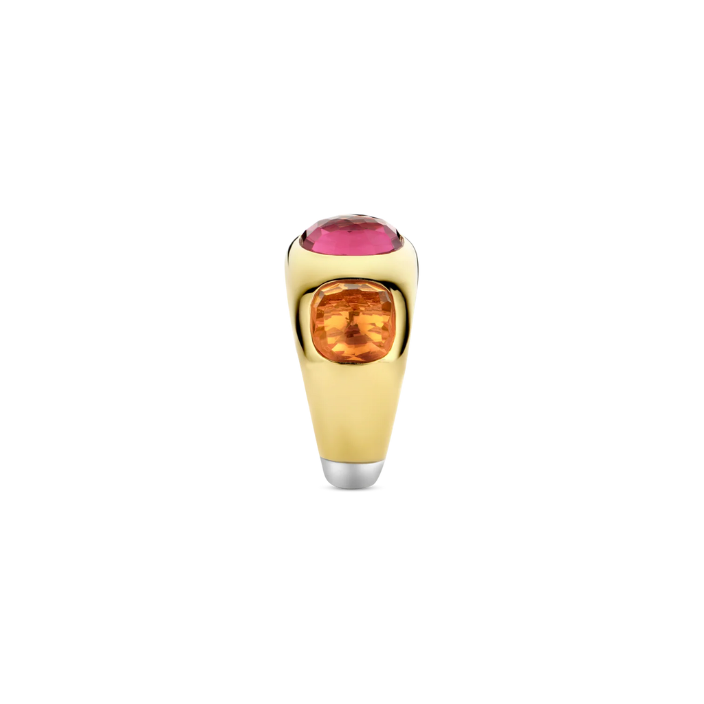 Anillo de plata bañada en oro amarillo con piedras naranja y rosa