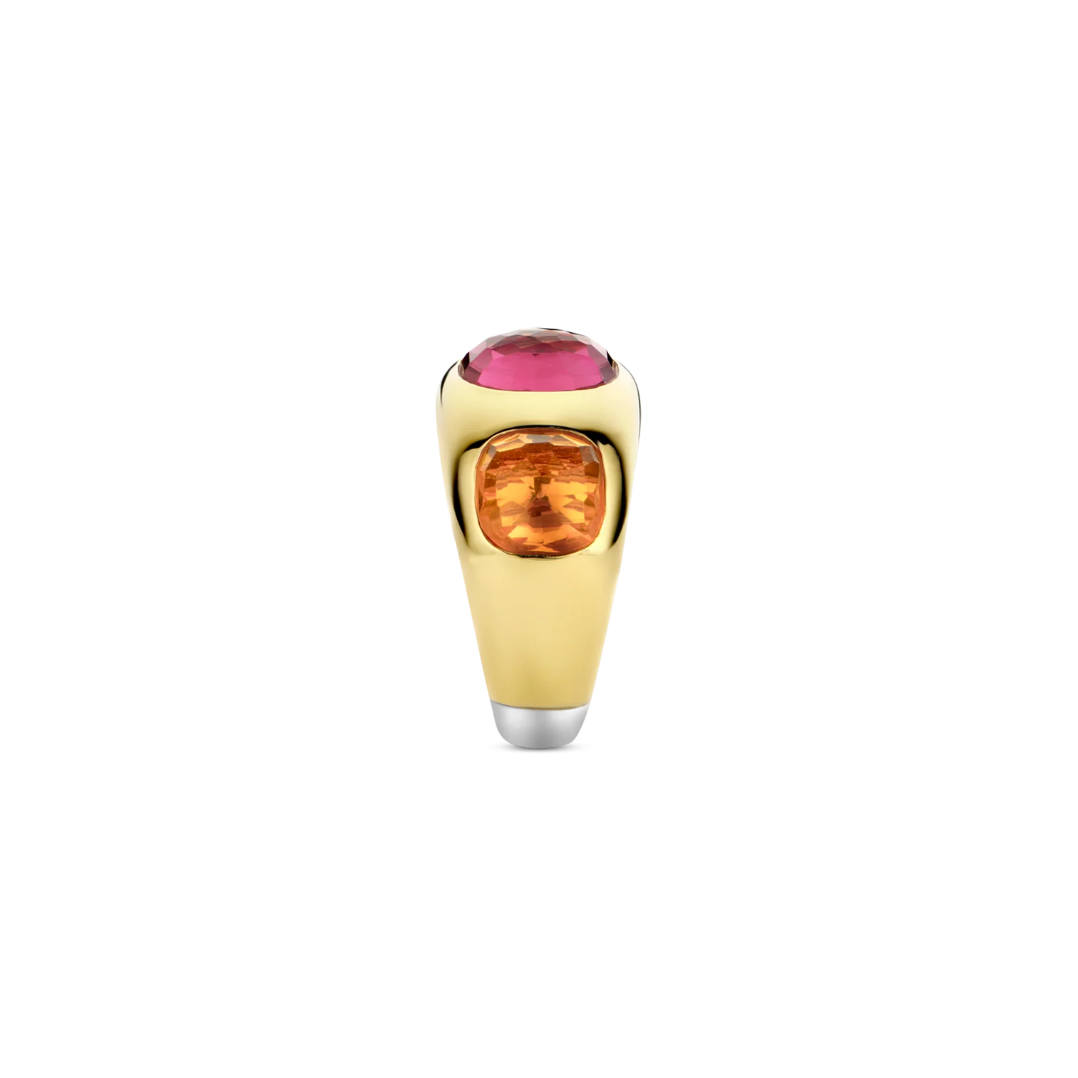 Anillo de plata bañada en oro amarillo con piedras naranja y rosa