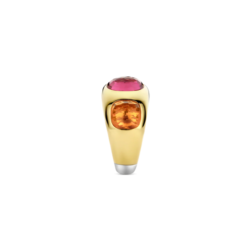 Anillo de plata bañada en oro amarillo con piedras naranja y rosa