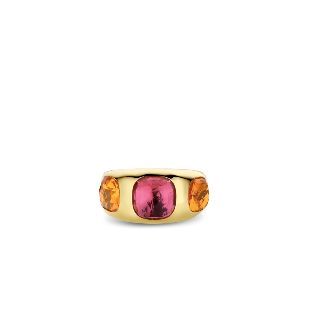 Anillo de plata bañada en oro amarillo con piedras naranja y rosa