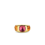 Anillo de plata bañada en oro amarillo con piedras naranja y rosa