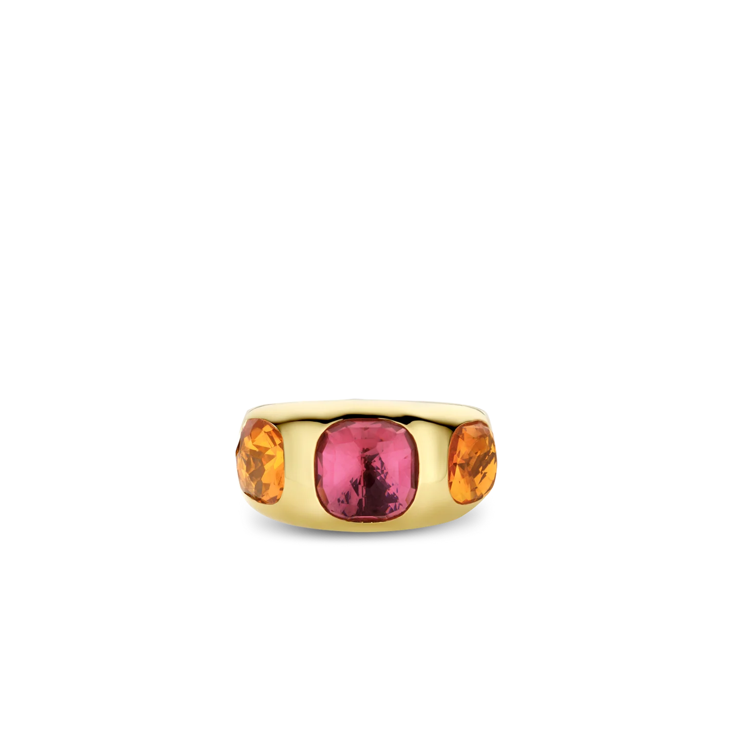 Anillo de plata bañada en oro amarillo con piedras naranja y rosa