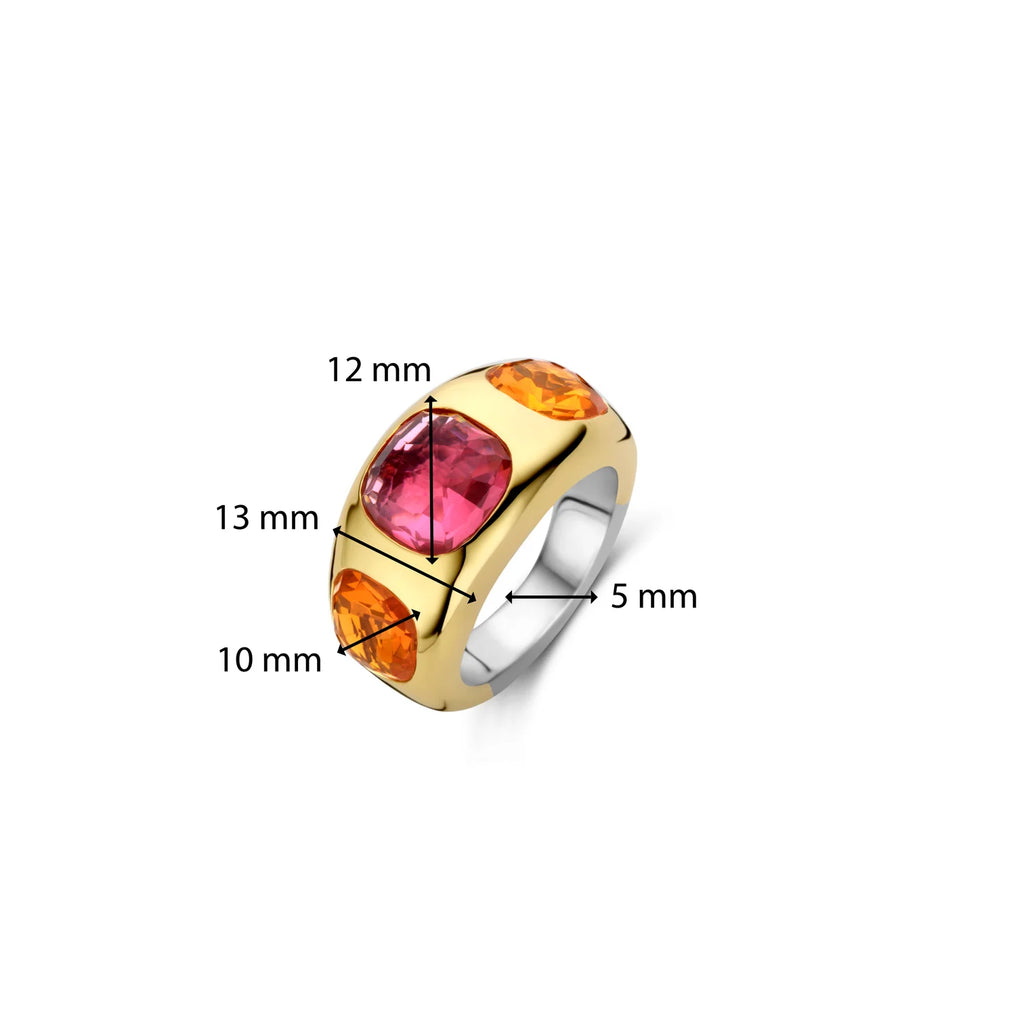 Anillo de plata bañada en oro amarillo con piedras naranja y rosa