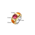 Anillo de plata bañada en oro amarillo con piedras naranja y rosa