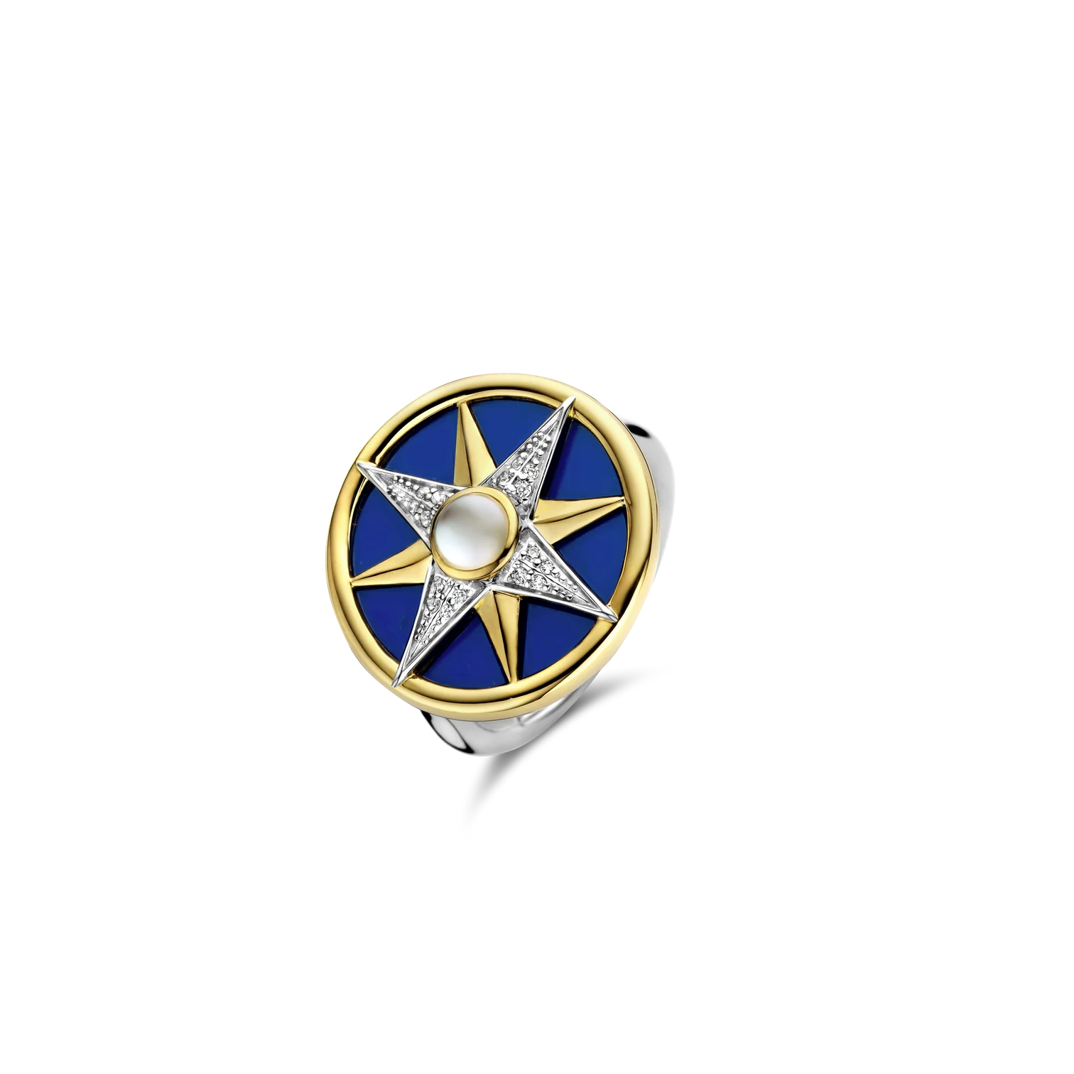 Anillo estrella de plata bañada en oro amarillo con azul