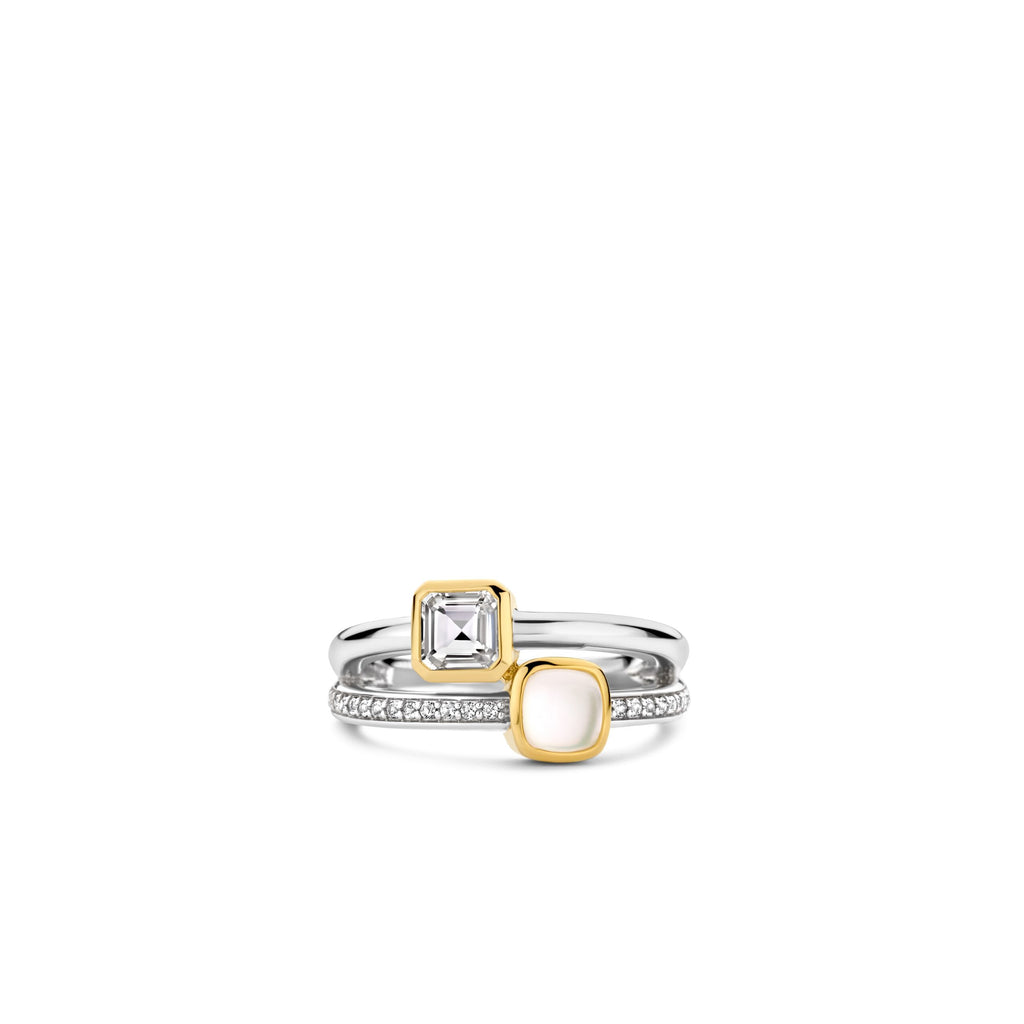 Anillo doble de plata bañada en oro amarillo con nácar