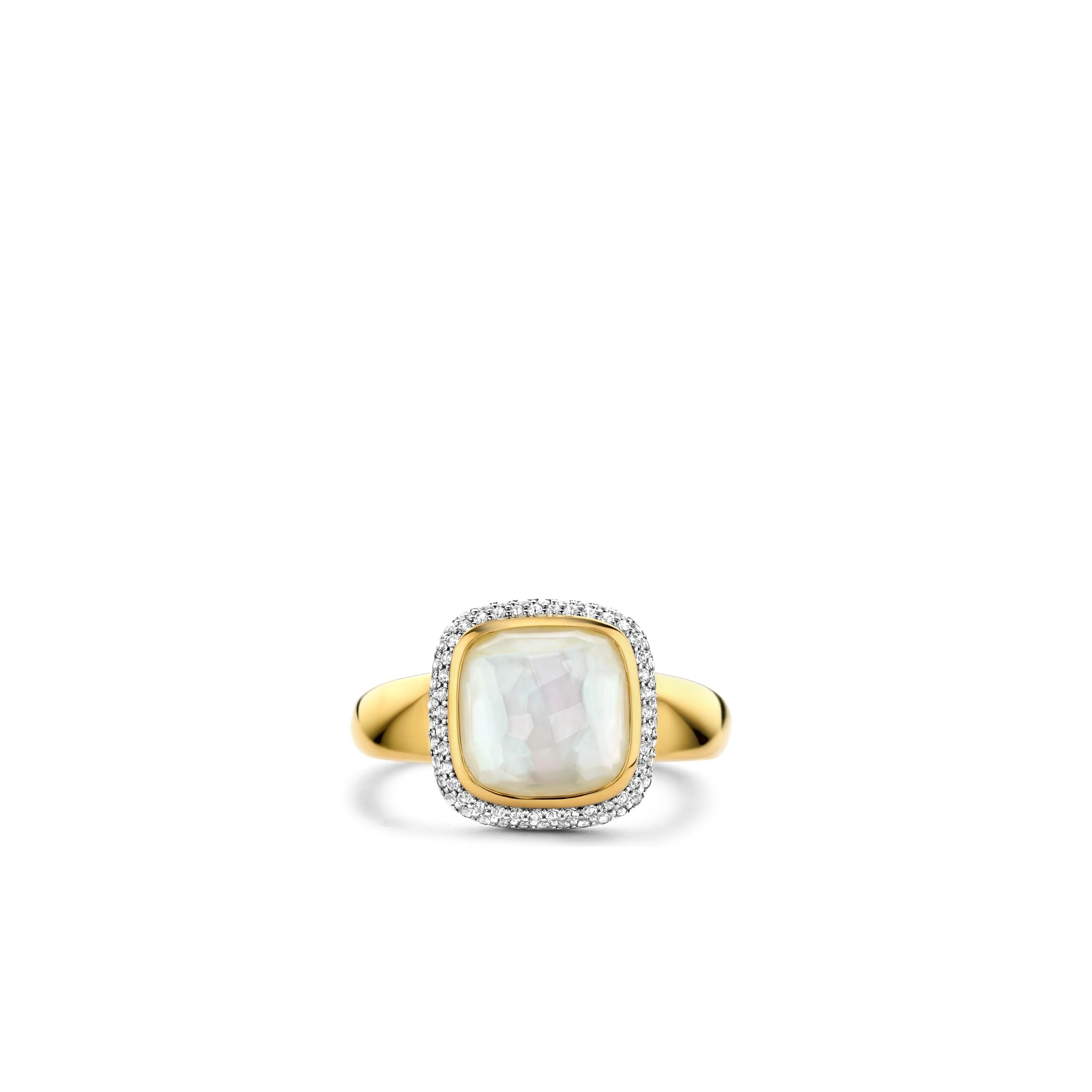 Anillo de plata dorada con nácar y zirconia