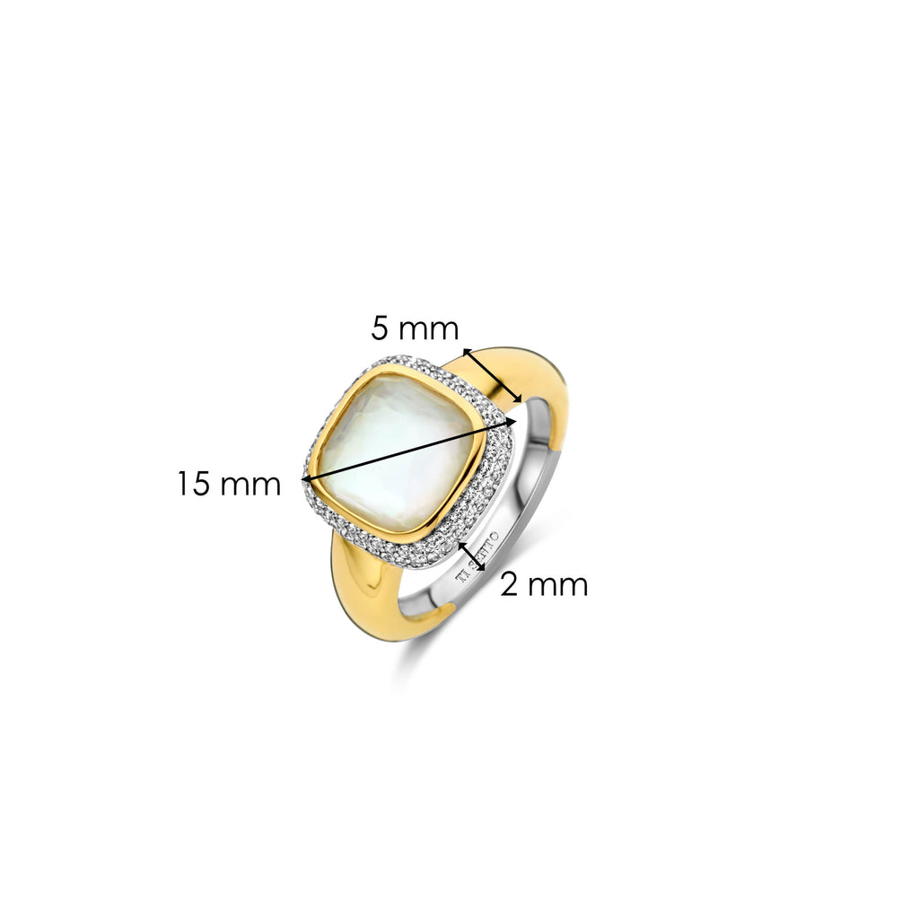 Anillo de plata dorada con nácar y zirconia