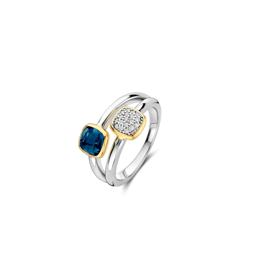 Anillo doble de plata bañada en oro con piedra azul