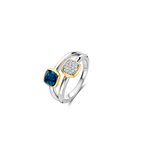 Anillo doble de plata bañada en oro con piedra azul