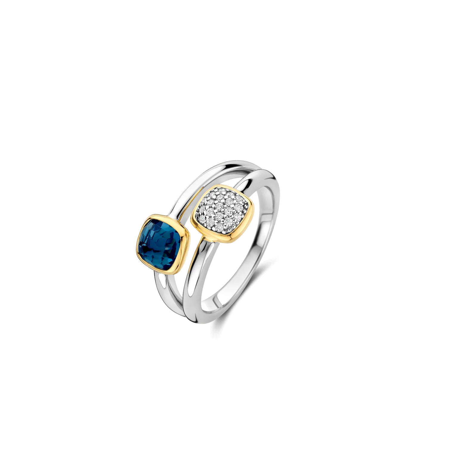 Anillo doble de plata bañada en oro con piedra azul