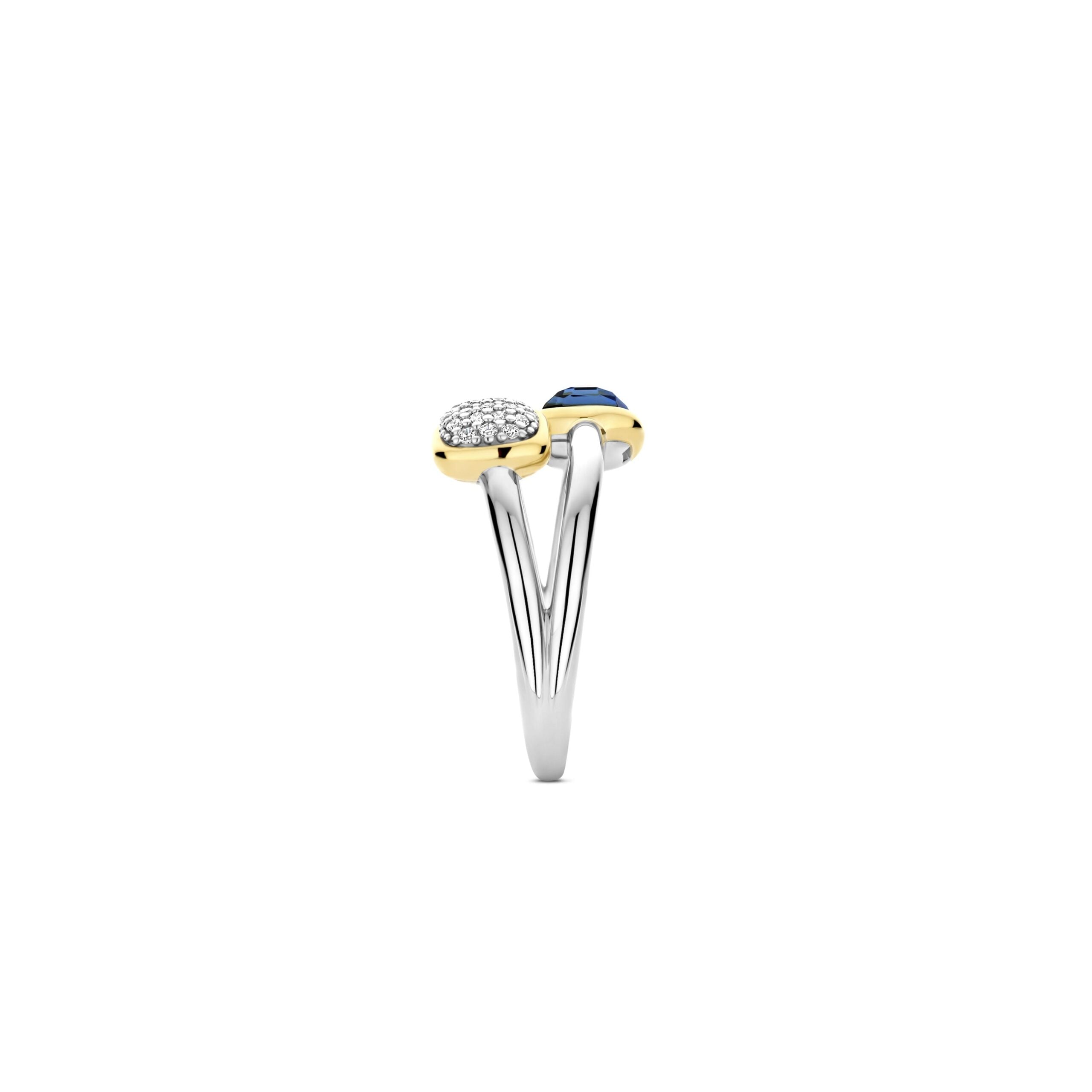 Anillo doble de plata bañada en oro con piedra azul