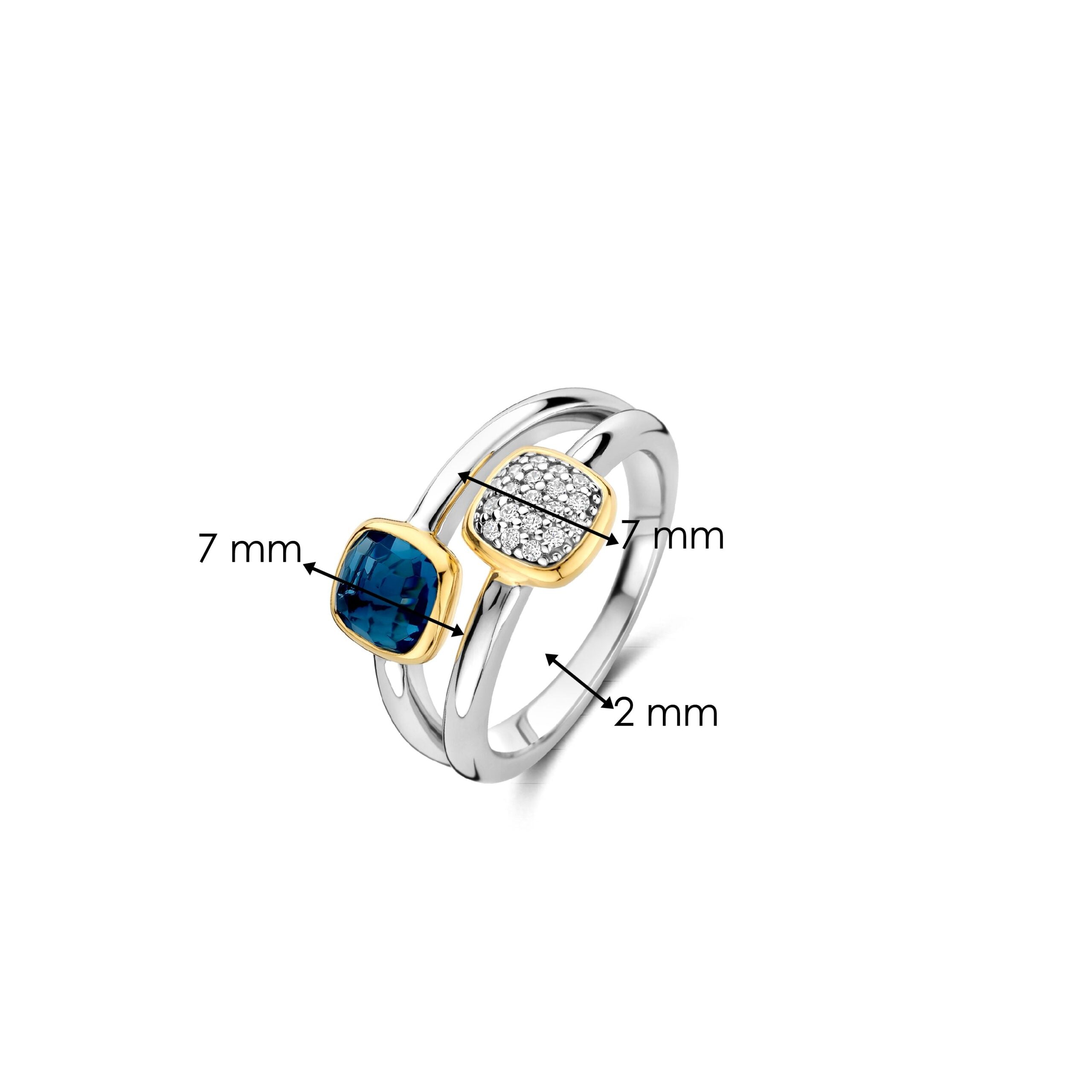 Anillo doble de plata bañada en oro con piedra azul