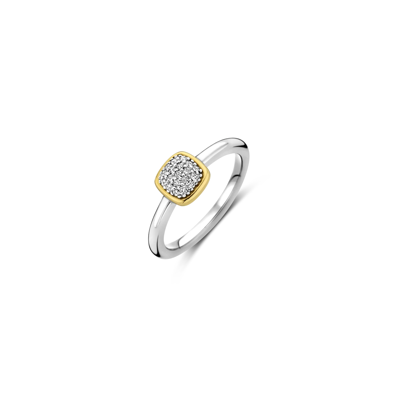 Anillo geométrico de plata bañada en oro amarillo con zirconia blanca