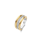 Anillo de tres bandas de plata bañada en oro amarillo con zirconia