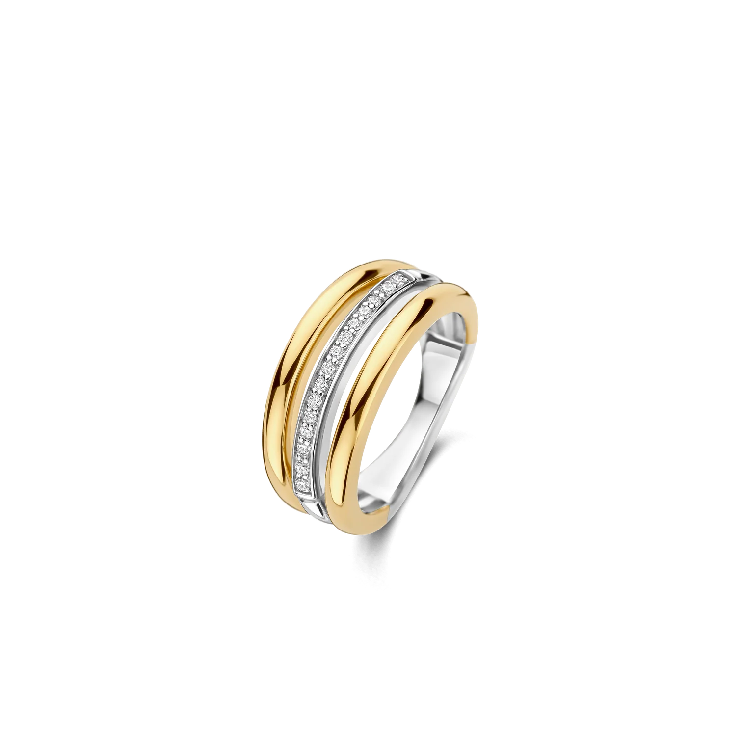 Anillo de tres bandas de plata bañada en oro amarillo con zirconia