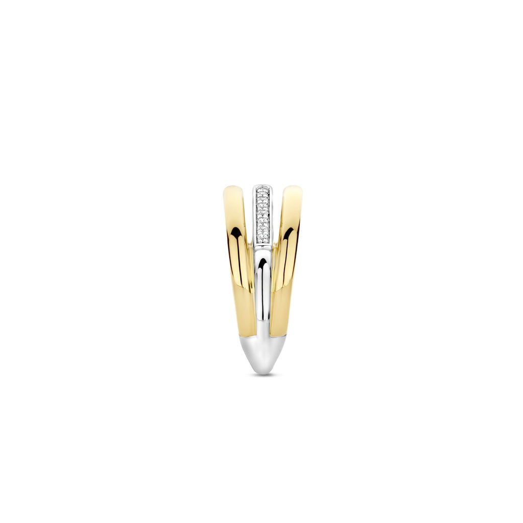 Anillo de tres bandas de plata bañada en oro amarillo con zirconia