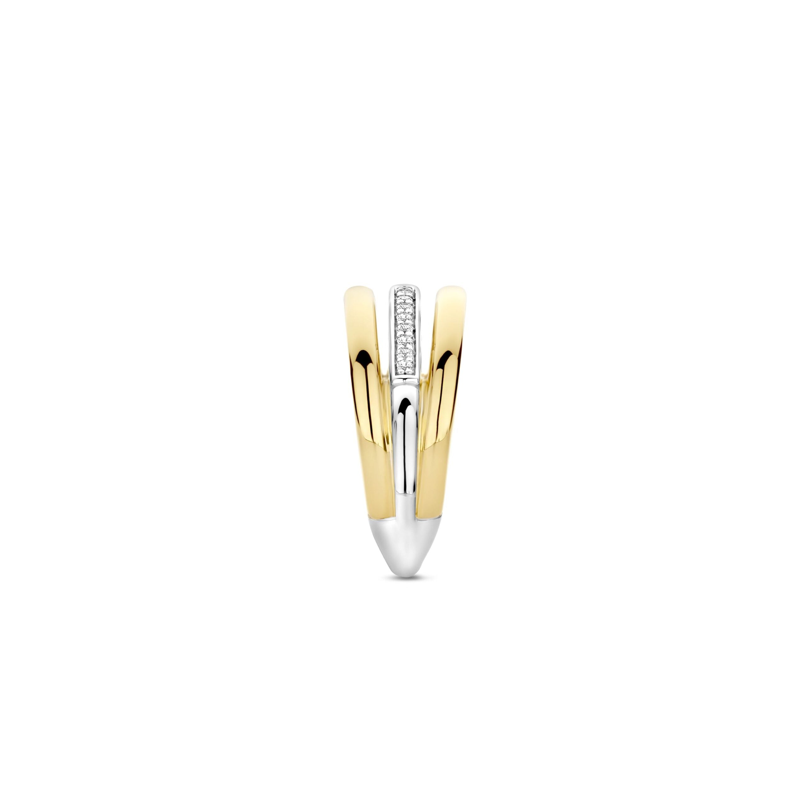 Anillo de tres bandas de plata bañada en oro amarillo con zirconia