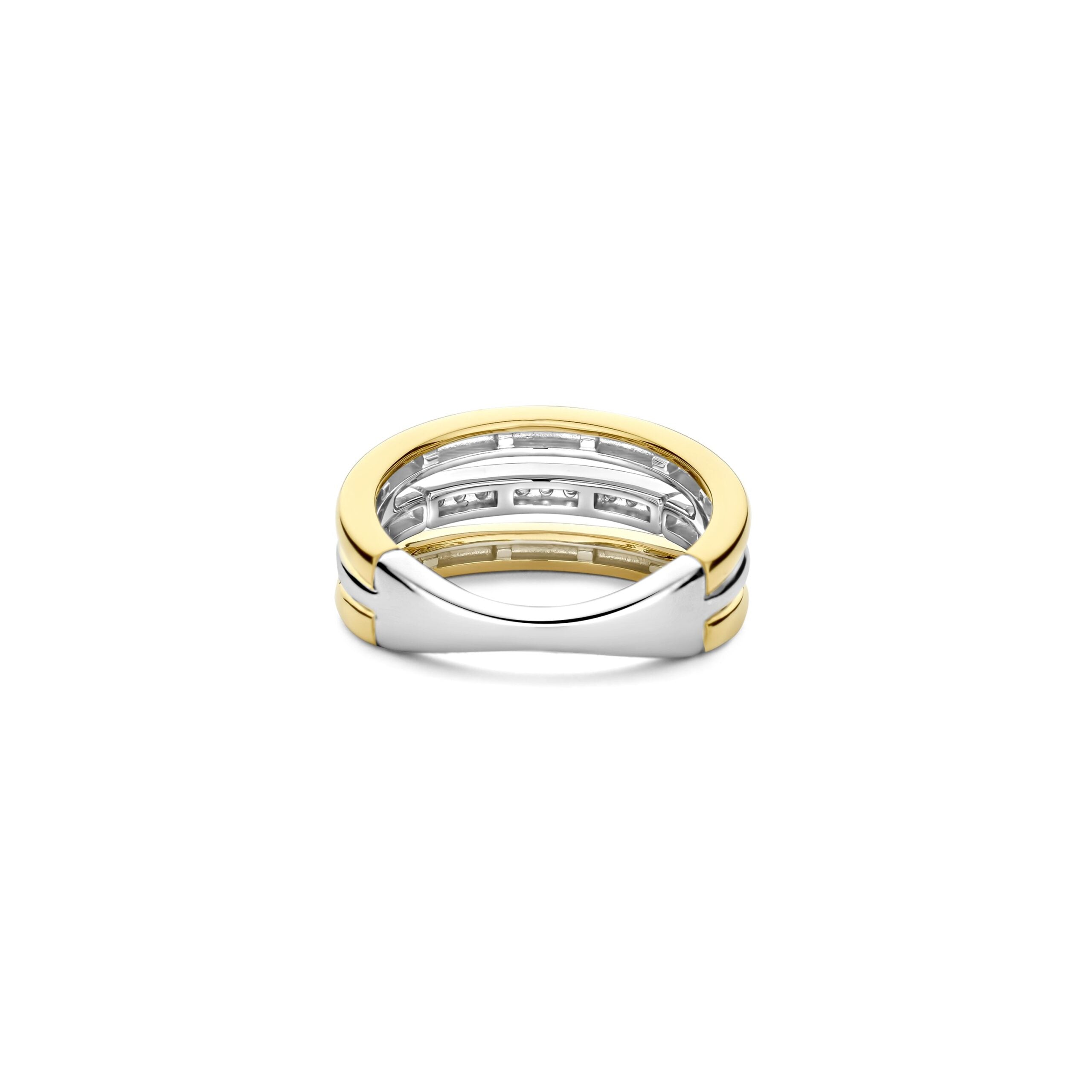 Anillo de tres bandas de plata bañada en oro amarillo con zirconia