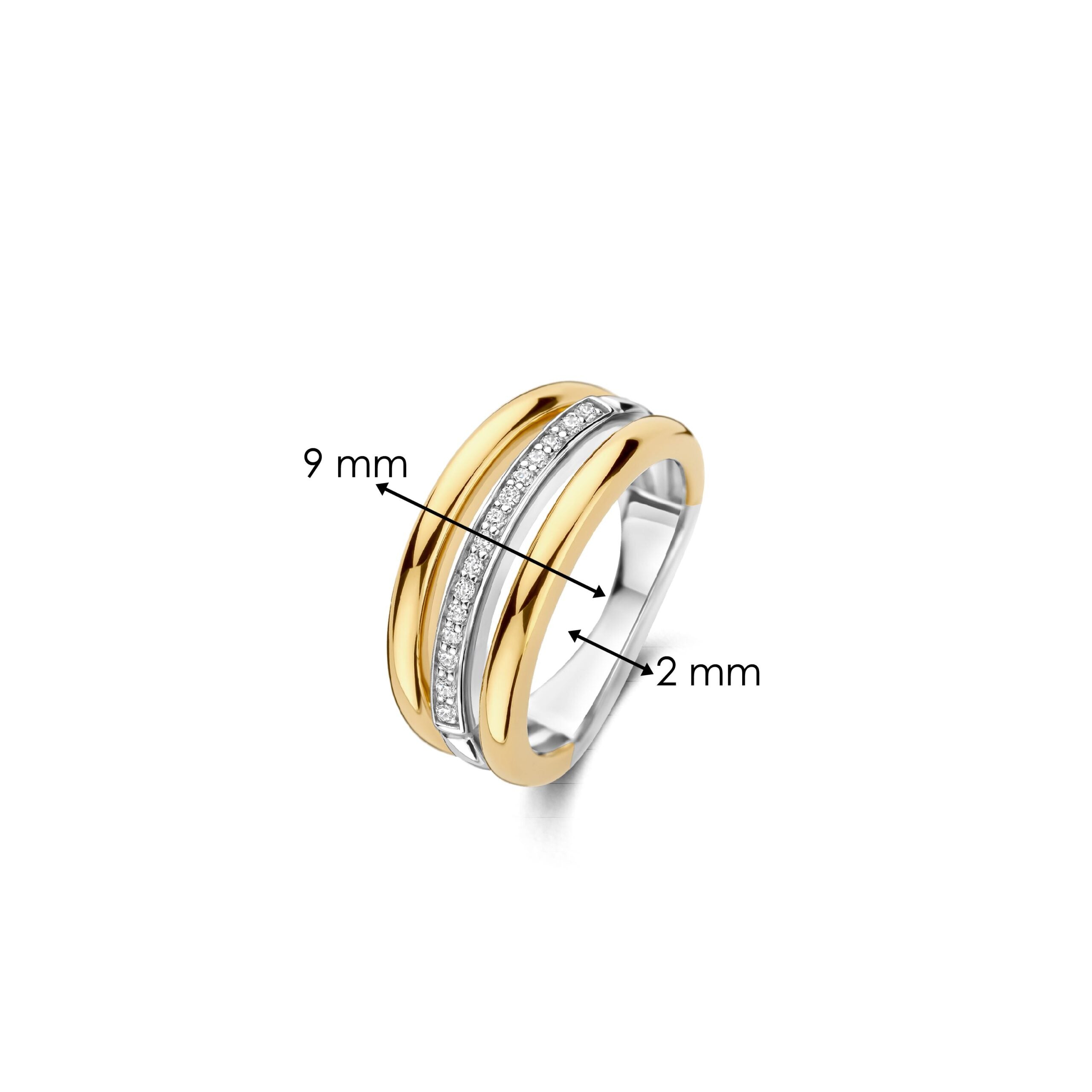 Anillo de tres bandas de plata bañada en oro amarillo con zirconia