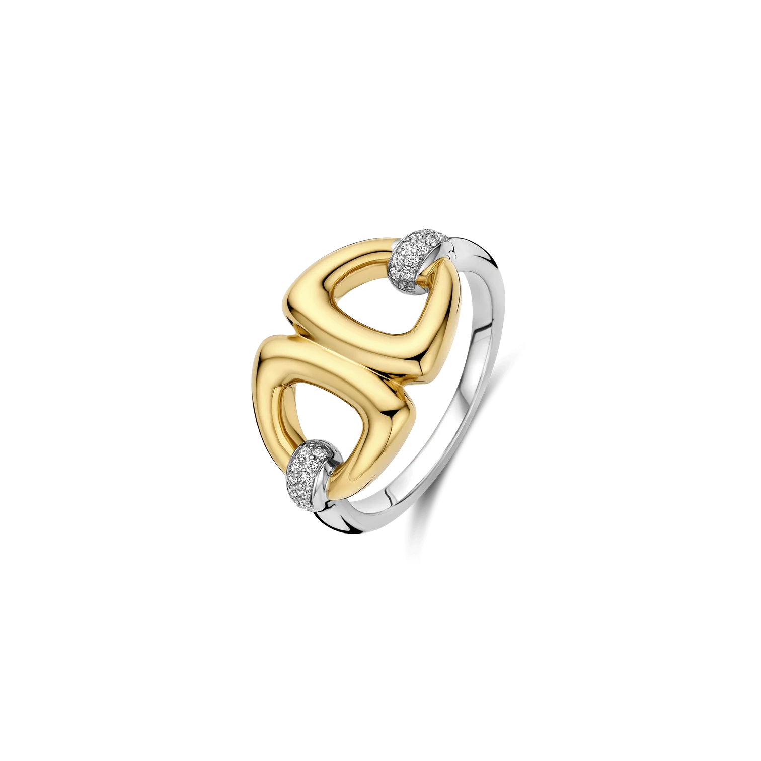 Anillo vintage de triángulos conectados de plata bañada en oro amarillo con zirconia blanca