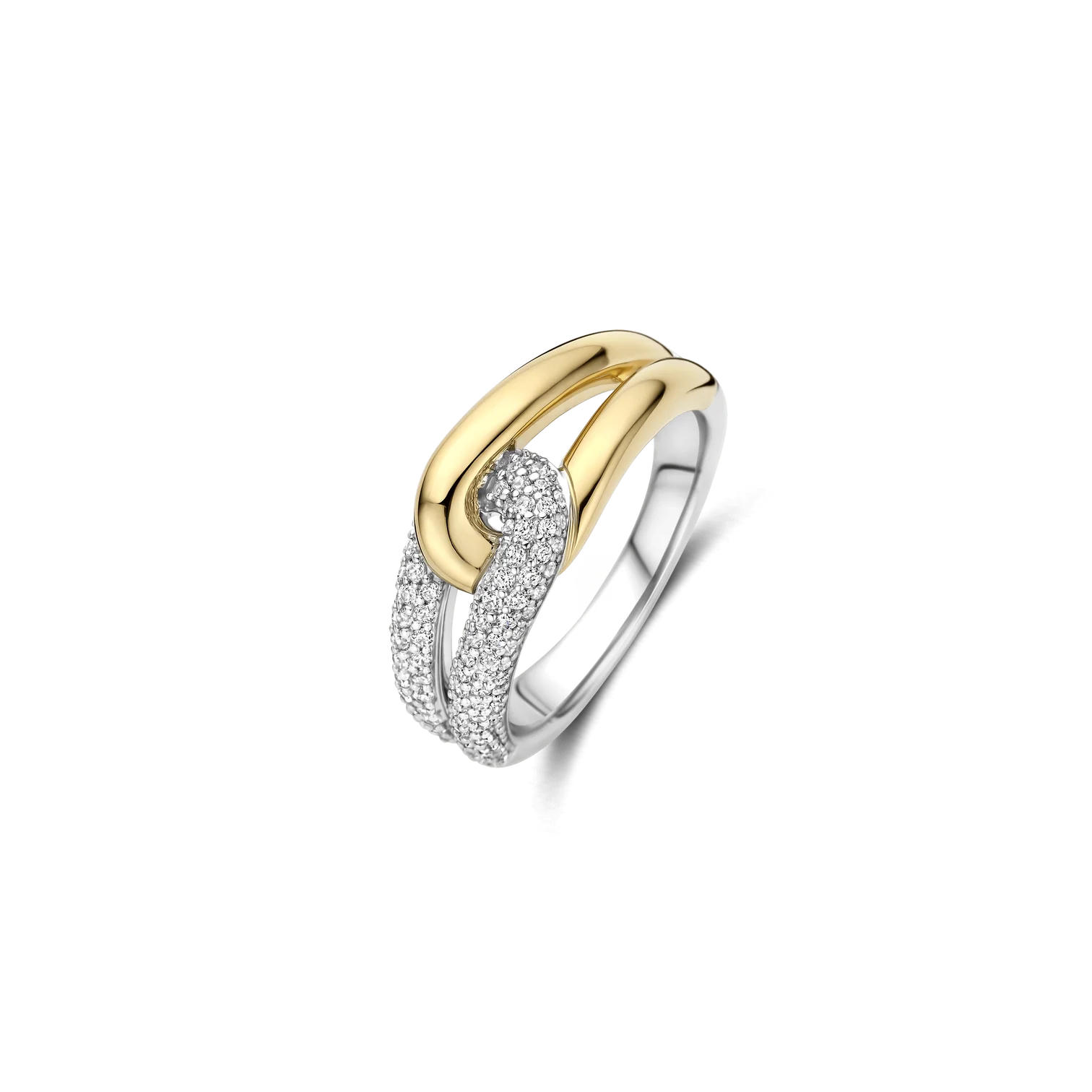 Anillo bicolor entrelazado de plata bañada en oro amarillo con zirconia blanca