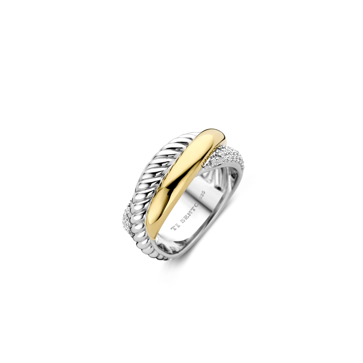 Anillo cruzado de plata bañada en oro con zirconias