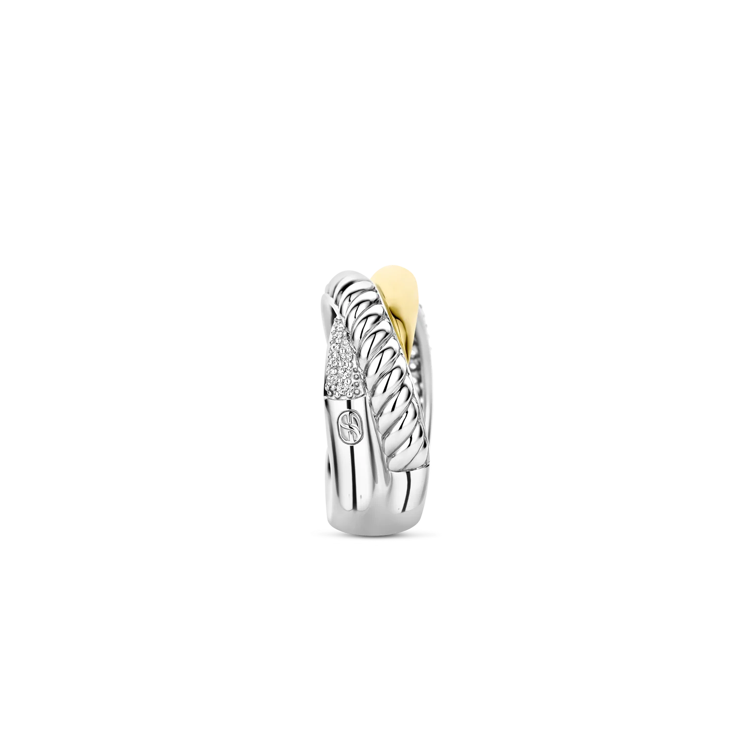 Anillo cruzado de plata bañada en oro con zirconias
