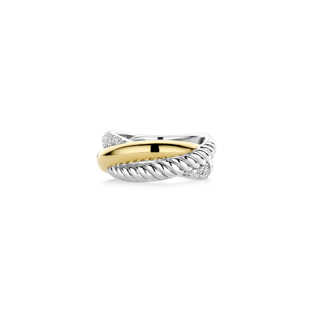 Anillo cruzado de plata bañada en oro con zirconias