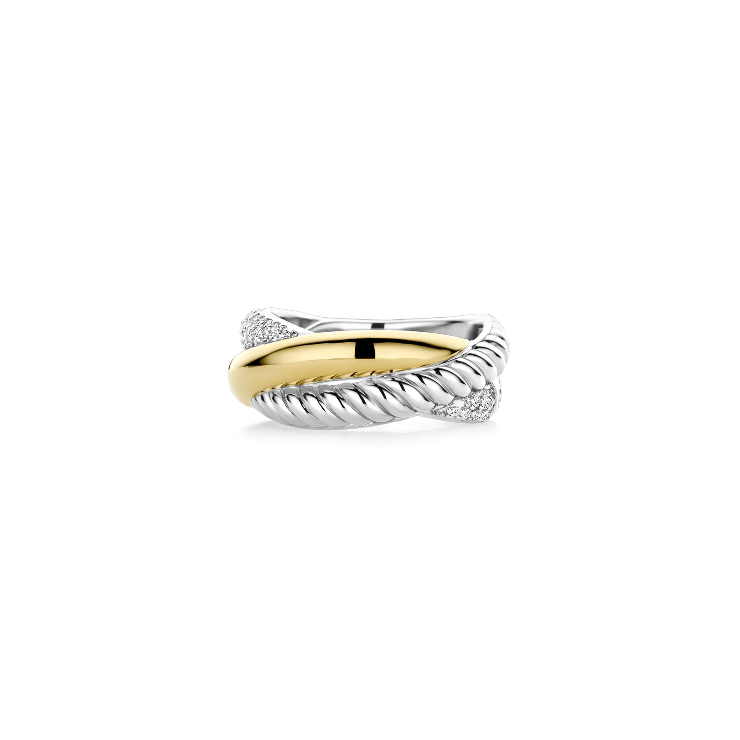 Anillo cruzado de plata bañada en oro con zirconias