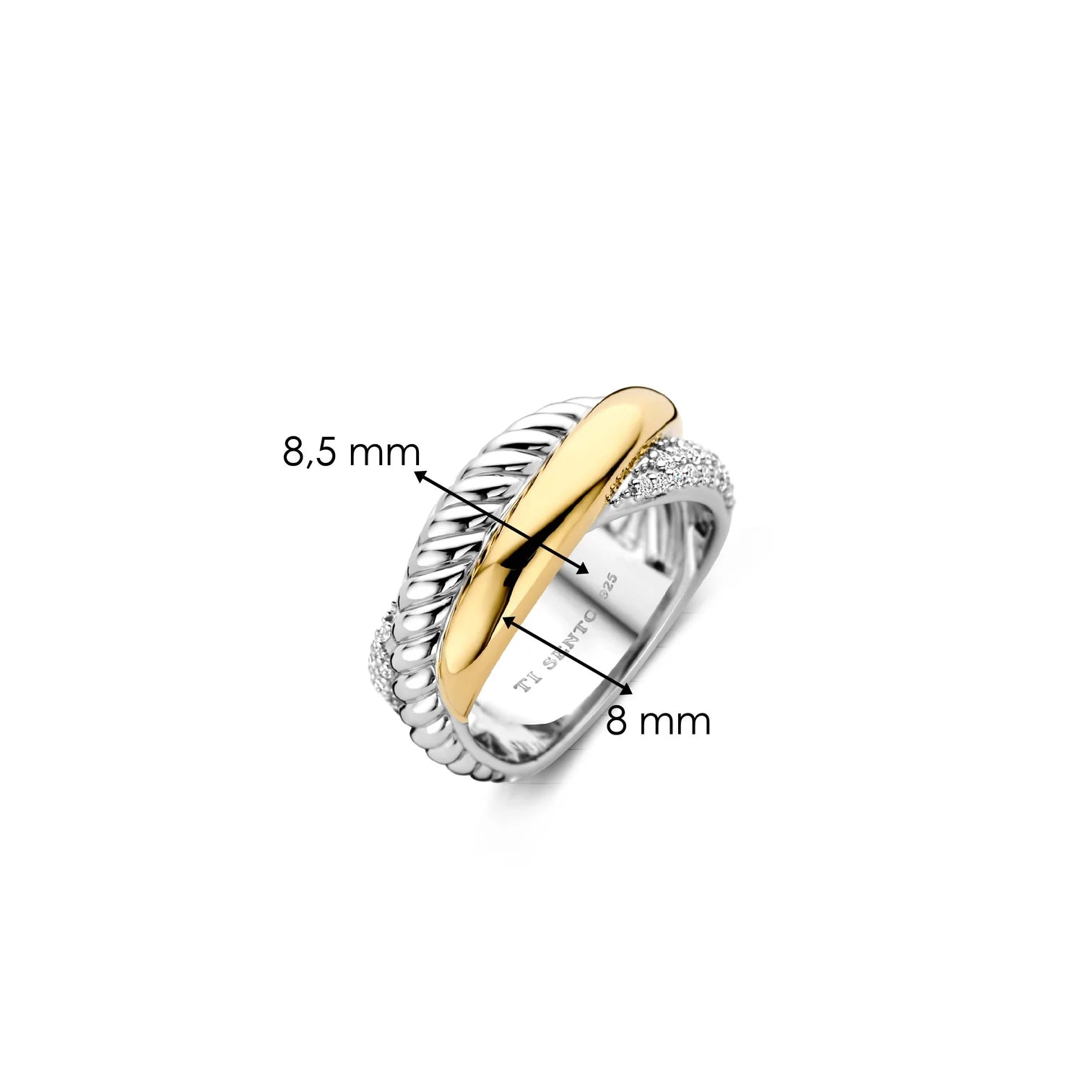 Anillo cruzado de plata bañada en oro con zirconias