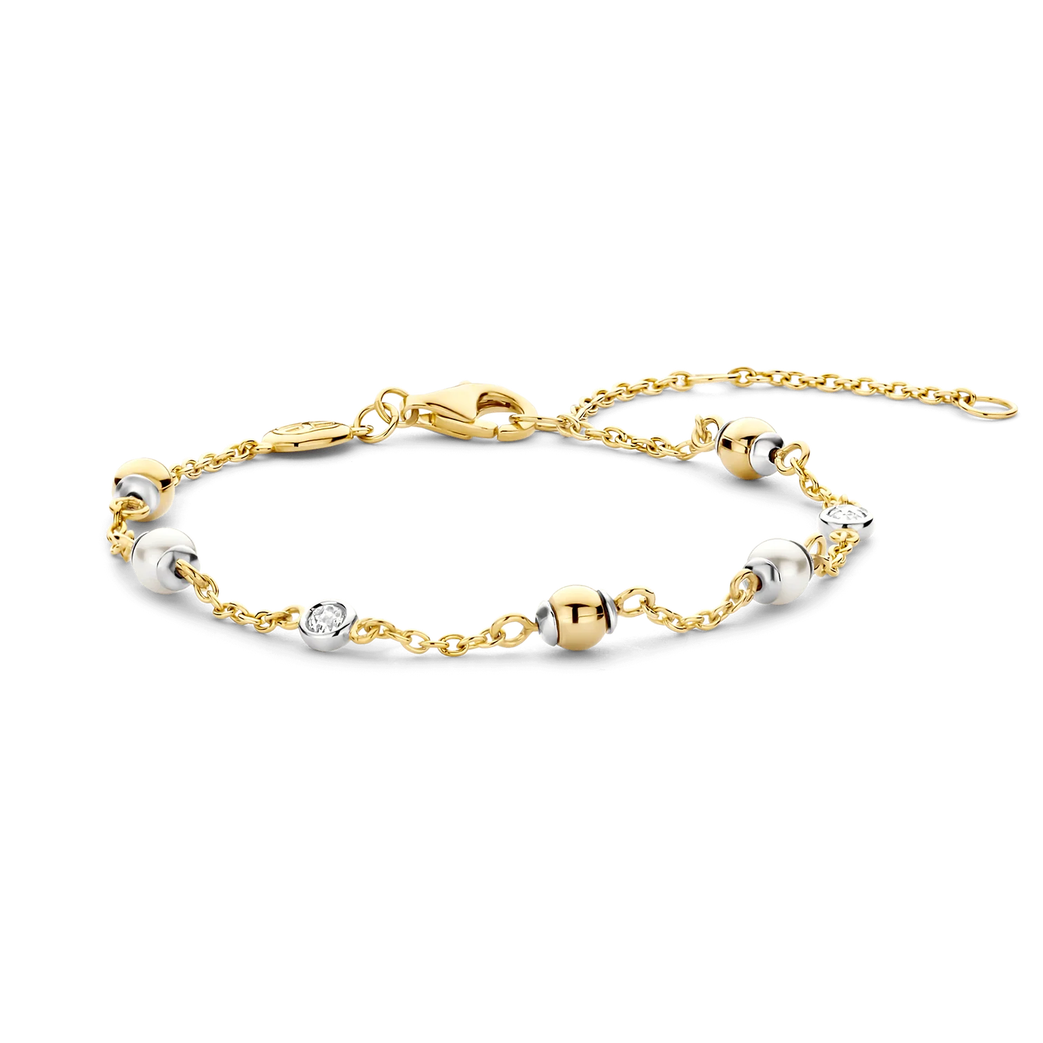 Pulsera de plata bañada en oro con dijes de perla y zirconia blanca