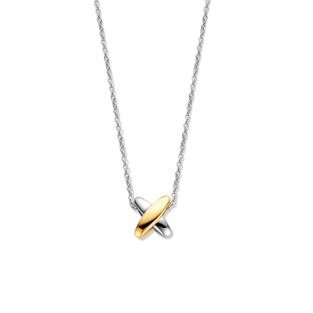 Collar cruz bicolor de plata con baño de platino y oro amarillo