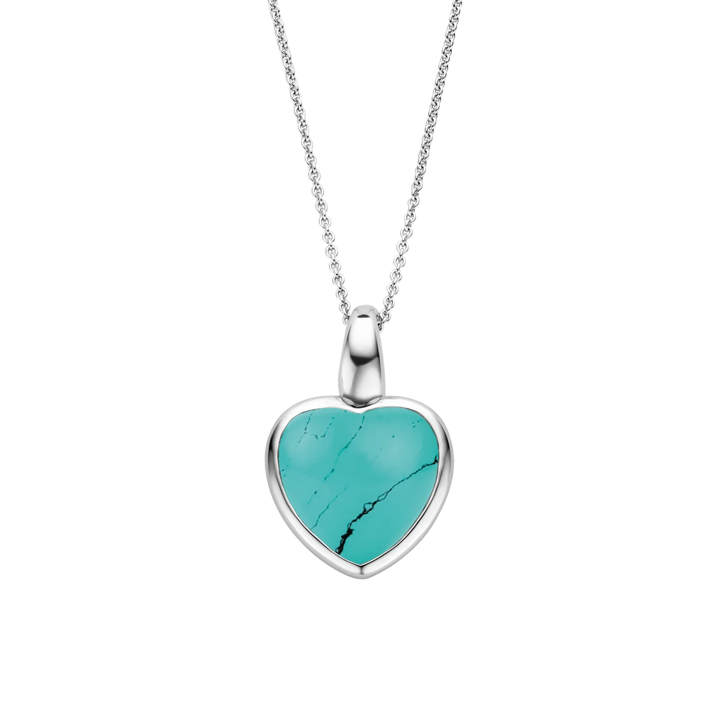 Dije corazón de plata con baño de platino y piedra turquesa