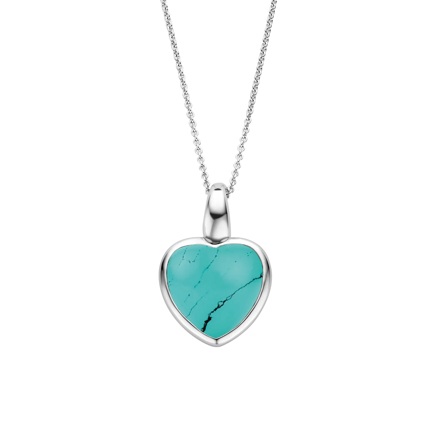 Dije corazón de plata con baño de platino y piedra turquesa
