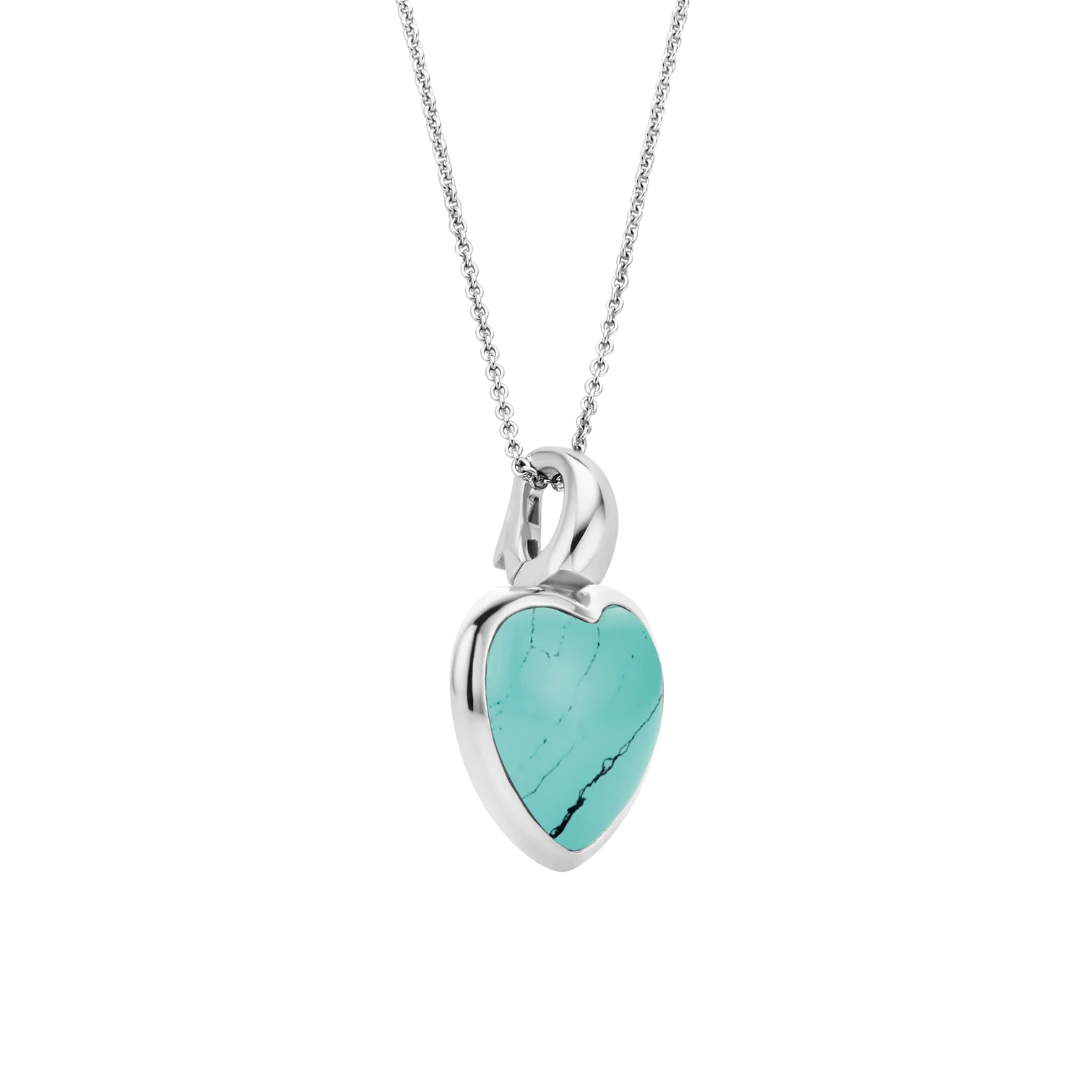 Dije corazón de plata con baño de platino y piedra turquesa