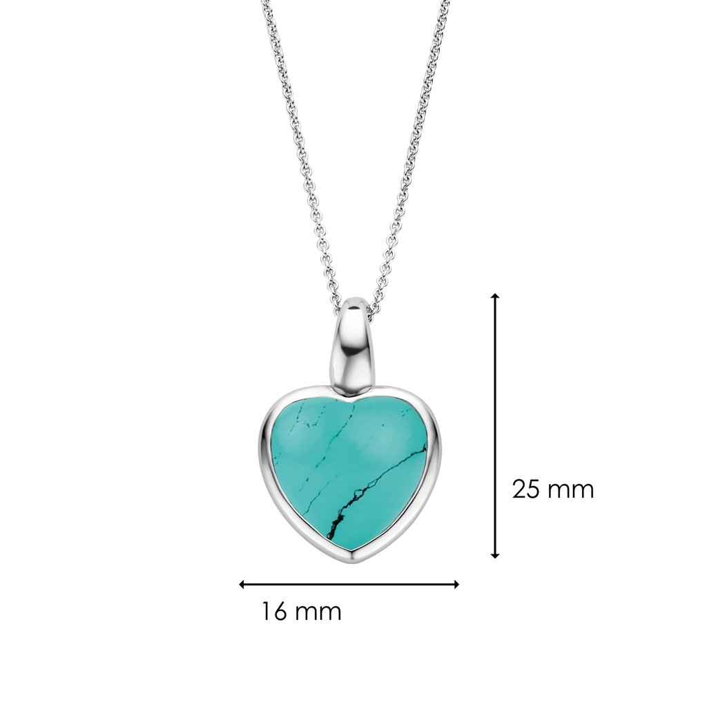 Dije corazón de plata con baño de platino y piedra turquesa