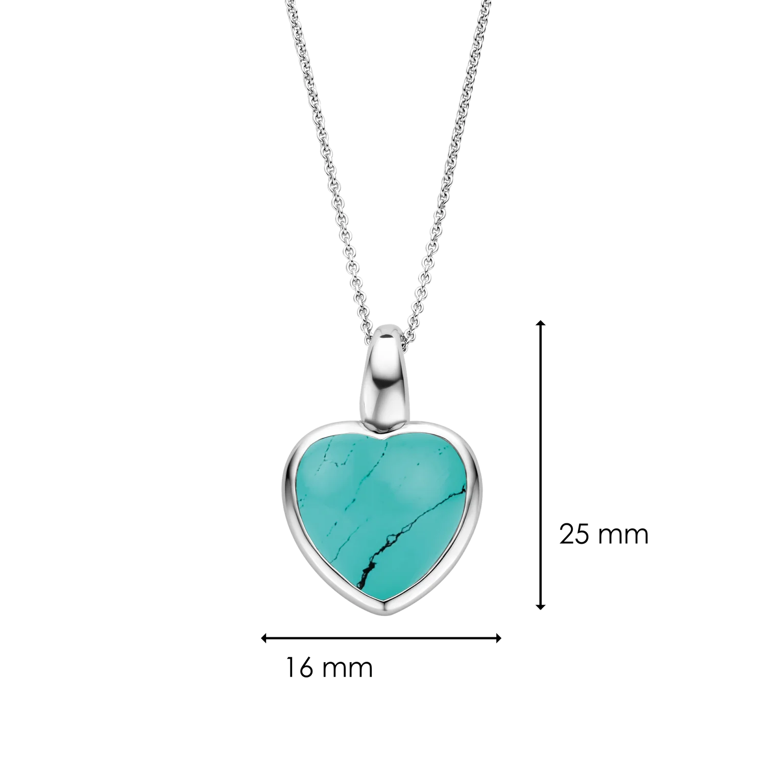 Dije corazón de plata con baño de platino y piedra turquesa